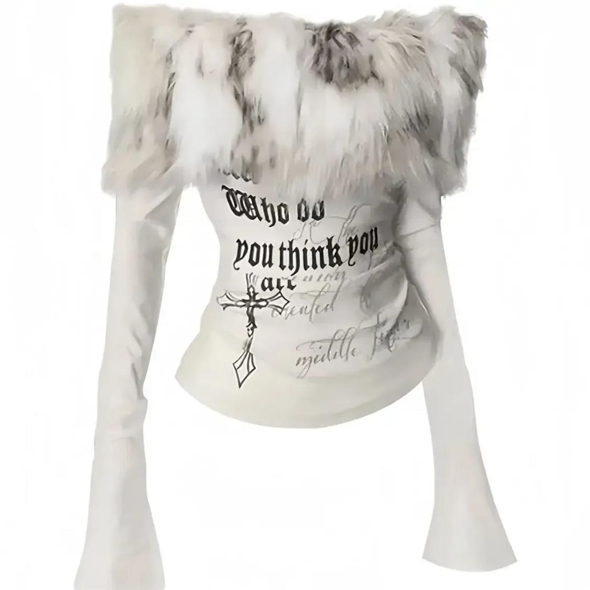 

VAYLA Fur Collar One-shoulder Long-sleeved Women Slim-fit Printed Pattern Off-shoulder Short Top Trendy Hot Girl Winter T-shirt Women S