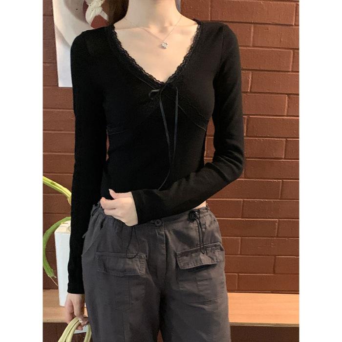 [250g Skin Fleece 1x1] Sweet Girl Design Lace T-Shirt Women's Autumn Slim Shirt Inside