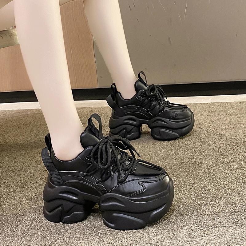 Fashion Women Chunky Leather Sneakers 7.5CM High Platform Ulzzang Sports Dad Shoes New 2024 Autumn Breathable Thick Bottom Casual Shoes