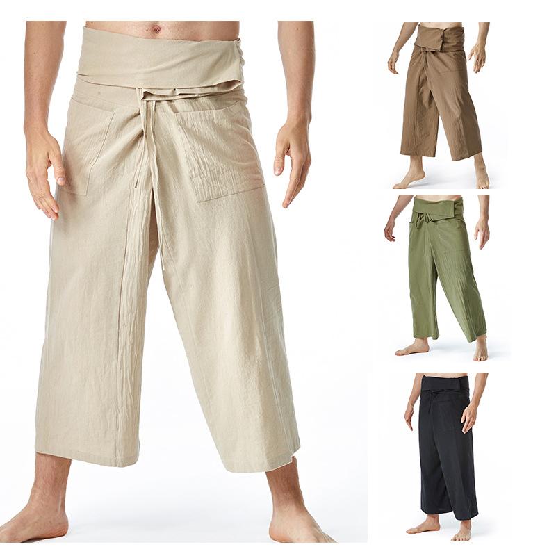 Flax Thai Fisherman Pants Loose Men Harem Trousers Solid Color Drawstring Wide Legs Martial Arts Trousers Casual Pirate Pants