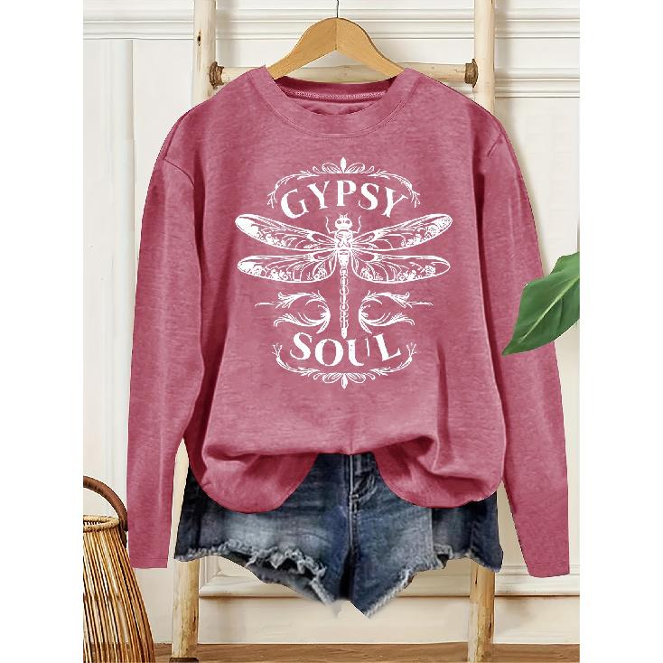 Women s insect print long sleeve shirt Dragonfly letter print round neck casual style loose fit for autumn and winter T Shirt Fashionable S