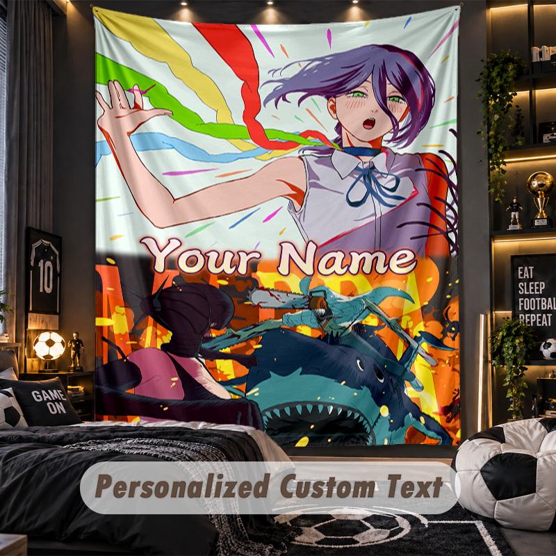 Personalized Wall Tapestry,Chainsaw Man Custom Printed Name, Fabric Wall Art For Indoor Room Backdrop
