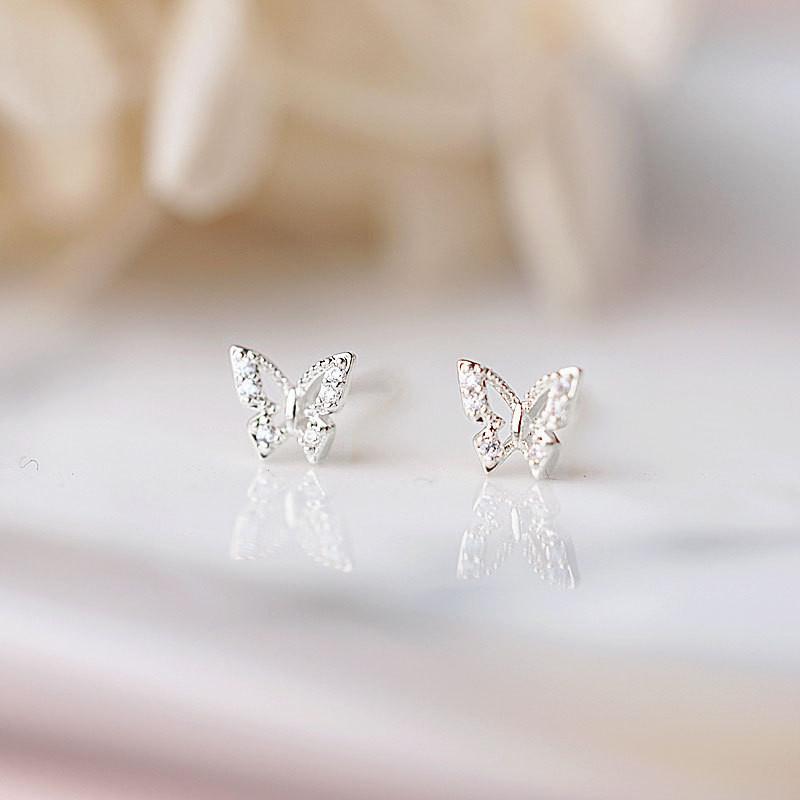 925 Silver Inlaid Crystal Butterfly Stud Earrings Women Classic Daily Jewelry Exquisite Quality