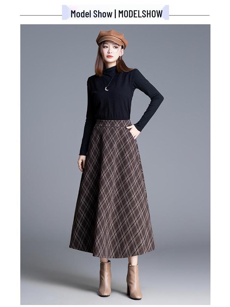 Chic High-Waisted Plaid A-Line Skirt - 2025 Autumn/Winter, Long Length, Women's Cozy Fashion