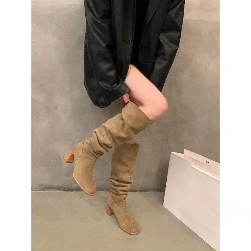 Men Women Winter Boots Fashion Ladies Shoes Sleeve Women'S Keep Warm Pointed Toe Suede Solid High Tube Chunky Heels Female