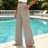 Women Casual Pants Striped Wide Leg Pants Summer Elastic Waist Breathable Trousers Loose Fit Palazzo with Pockets Daily Wear