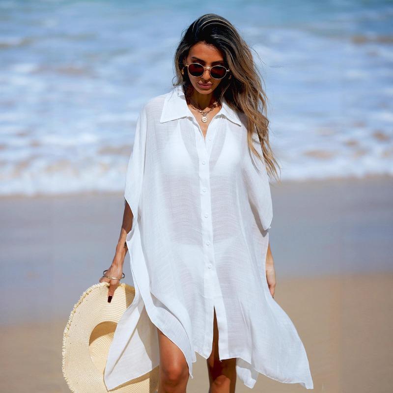 Летняя женская пляжная накидка рубашка с воротником пляжная юбка сетчатый топ свободная с короткими рукавами купальник накидка onesize белый