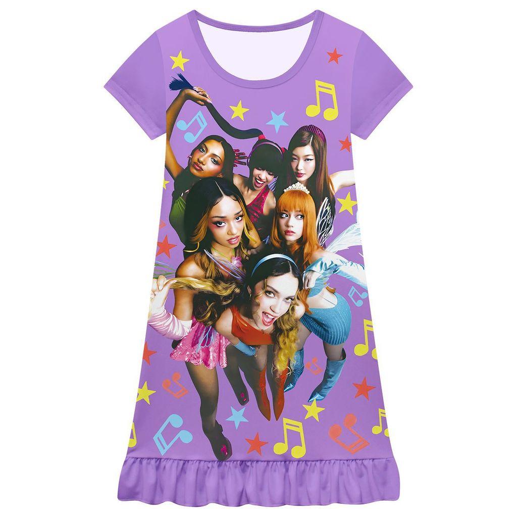 82977 Children Girls KATSEYE Print Soft Short Sleeves Dress 100cm фиолетовый