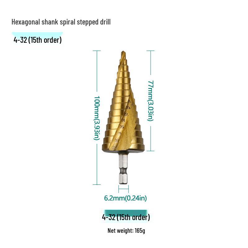 4-32mm Titanium-Coated Spiral Groove Step Drill Bit with Hex Shank for Steel