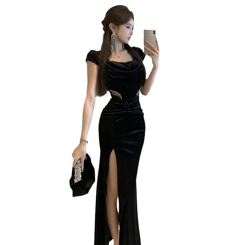 Rochie de seară de lux pentru femei, din catifea cu crăpătură goală, stil celebritate