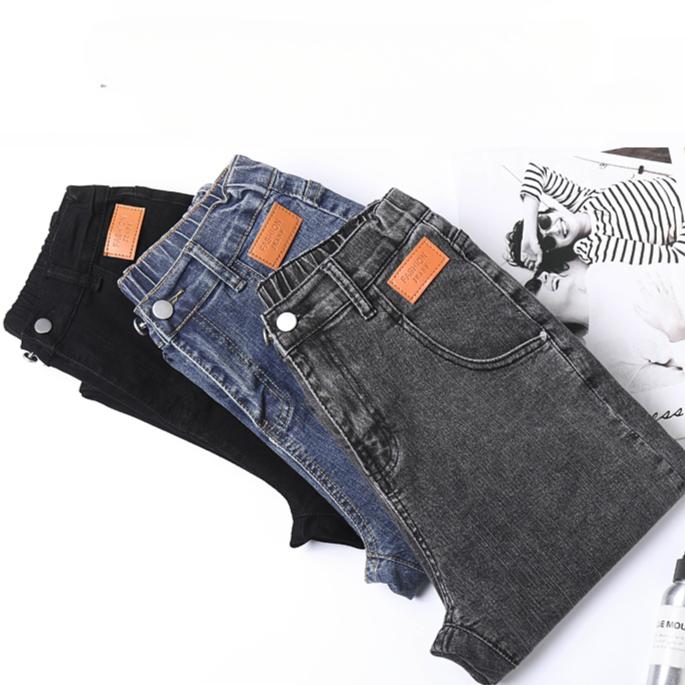 Spring Plus Size Women Jeans Pants Elastic Buttons Straight Basic High Waist Trousers Blue Long Pants