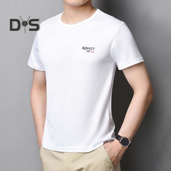 Summer Men Top Ice Silk Quick-drying Short Sleeves O Neck Loose Solid Color Thin Breathable Elastic Casual Pullover Daily Sport Top