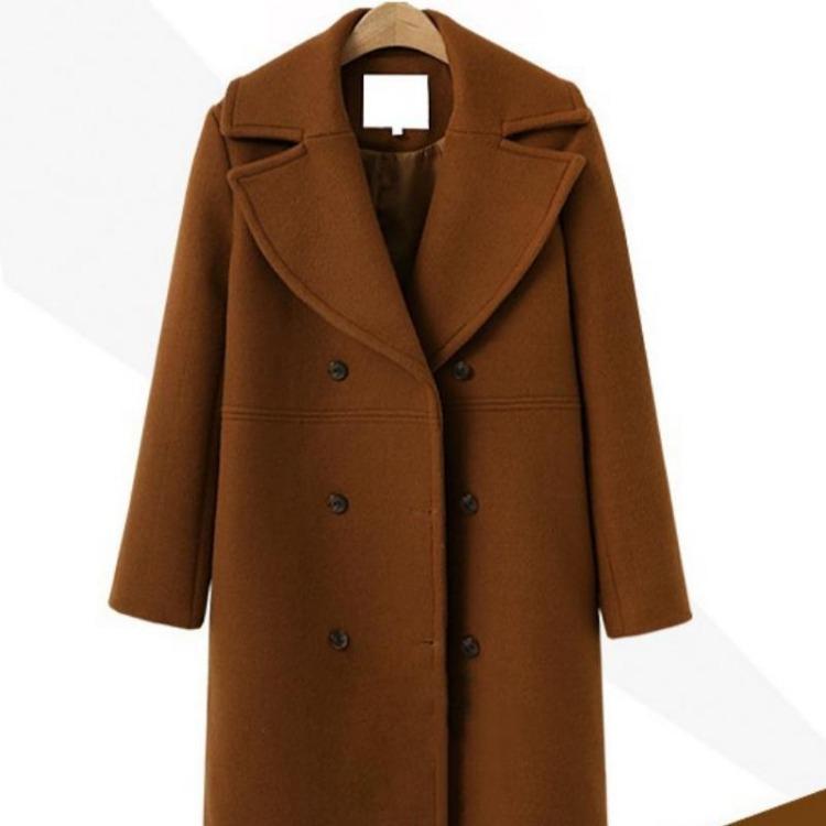 Women Plus Size Winter Woolen Trench Coat Double Breasted Mid Length Autumn Fashion Coat