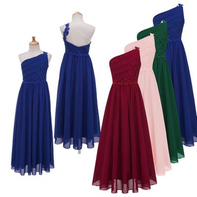 Kinder-Blumenmädchenkleid, einschulterig, plissiert, für Abend, Hochzeit, Party, langes Maxikleid, Junior-Brautjungfer, Chiffon-Kleid für formelle Anlässe