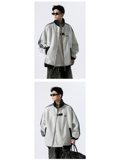 American Three-Stripes Unisex Heavyweight Baseball Jacket - Trendy Autumn/Winter Striped Patchwork Outerwear for Teens