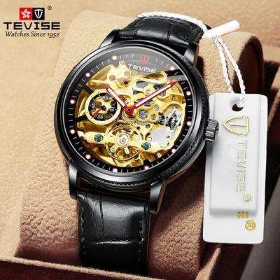 TEVISE Watch Men's Hollow Fashion Leather Men's Watch Glow-in-the-dark Automatic Mechanical Watch