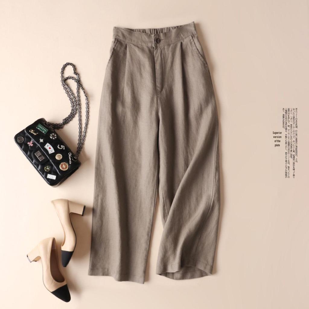 Women's Spring 2025 Wide-Leg Linen Blend Pants - Loose, Lightweight, Solid Color, Nine-Point Straight Leg.