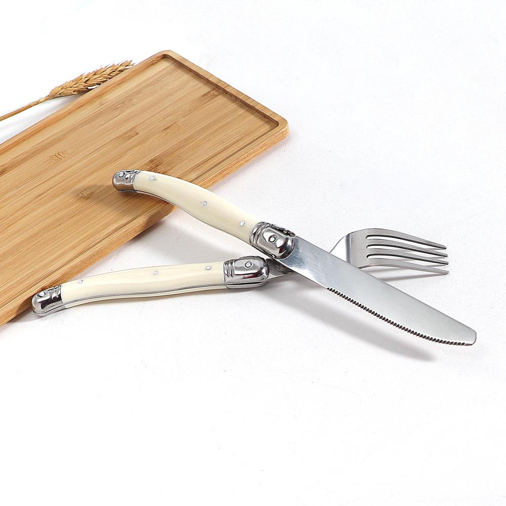 Stainless Steel Knife, Fork and Spoon Set, Milk White Plastic Handle, Steak Knife, Steak Fork and Spoon, Steak Western Tableware Household