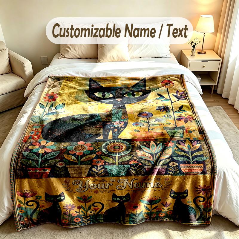 Cat Theme Soft Blanket Personalized Custom Name Text Print Warm Blanket Home Sofa Bedroom Decor