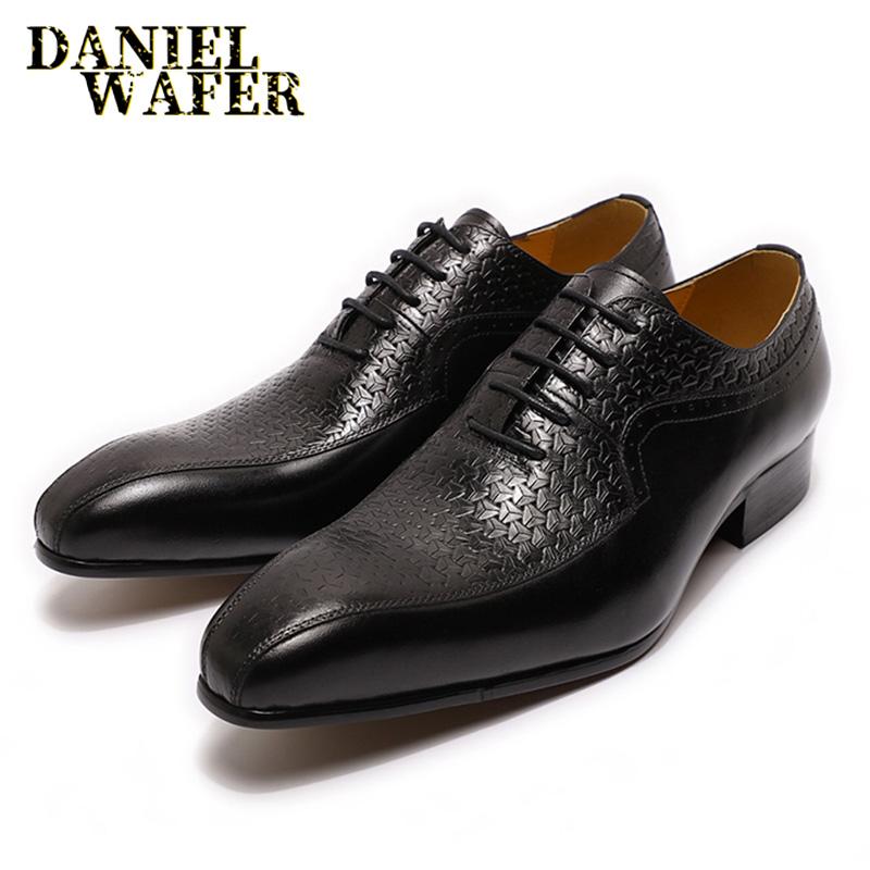 Fashion Luxury Brand Men's Oxford Formal Shoes Black Brown Pointed Toe Lace Up Office Business Wedding Genuine Leather Shoes for Men