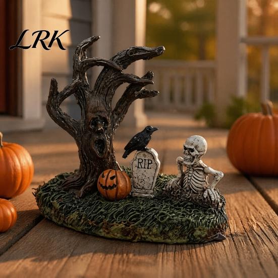 Halloween Atmosphere Decorations Garden Ornaments, Spooky Cemetery Decor with Resin Skulls Dead Trees Retro Gothic Home Pumpkin Raven for Indoor