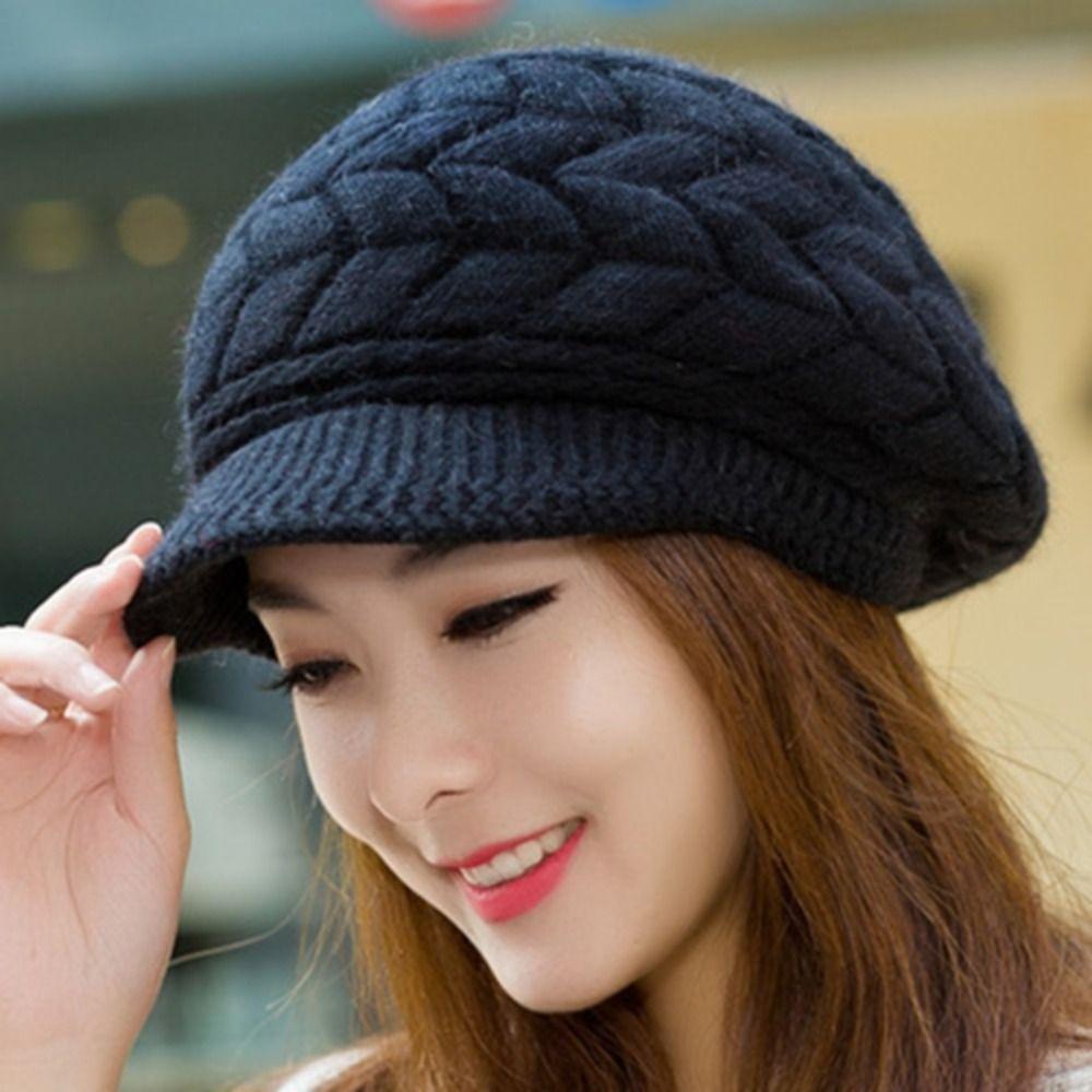 Thicken Warm Women Beret Cap Winter Thicken Knit Hat Elegant Striper Knitted Cap  Women Girls