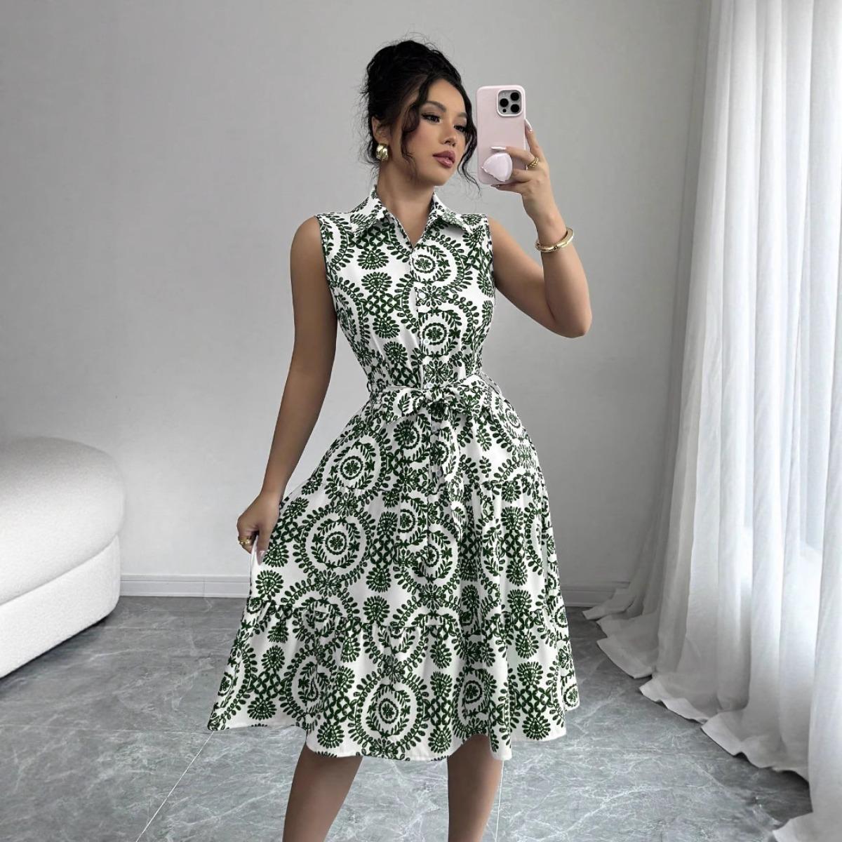 Women s Summer Fashion Print Sleeveless Tie Waist Slim Dress Casual Daily Party Dress S