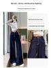 Women's High-Waist Straight-Leg Jeans with Leather Patch - Blue Wide-Leg, Floor-Length Denim for Autumn and Winter.