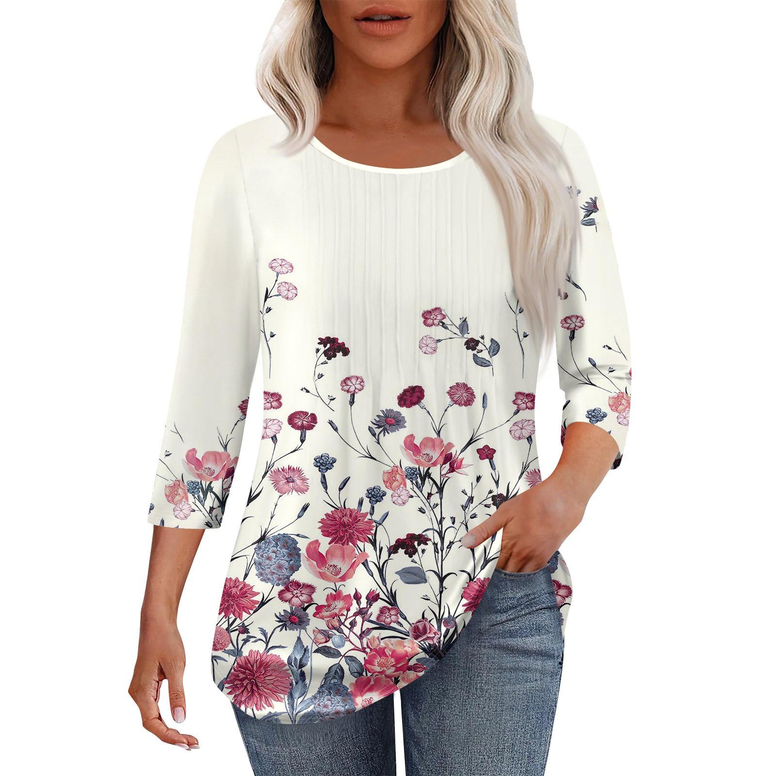 

Женская модная повседневная плиссированная футболка с круглым вырезом и принтом в стиле «отдых» с рукавом семь четвертей XL белый