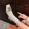 Square Toe Stretch Tight Boots Small Slim Heel Rhinestone Square Buckle Middle Leg Boots Women's High Heels