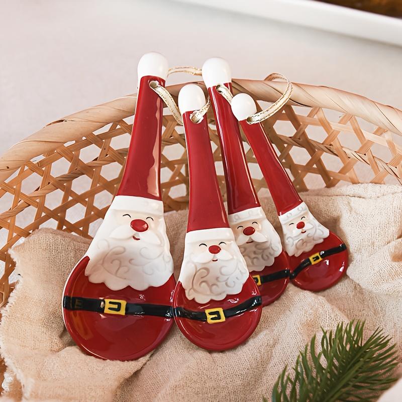 4pcs Santa Claus Ceramic Spoons, Baking Measuring Scoops with Graduations for Salt, Sugar Seasoning and Soups, 3D Embossed Design