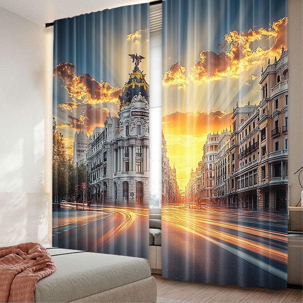

2Pcs European Curtain View Of The Streets Modern Madrid With Sky Landscape Big Old Town Heritage For Bedroom Living Room And 29x65in(75x166cm)