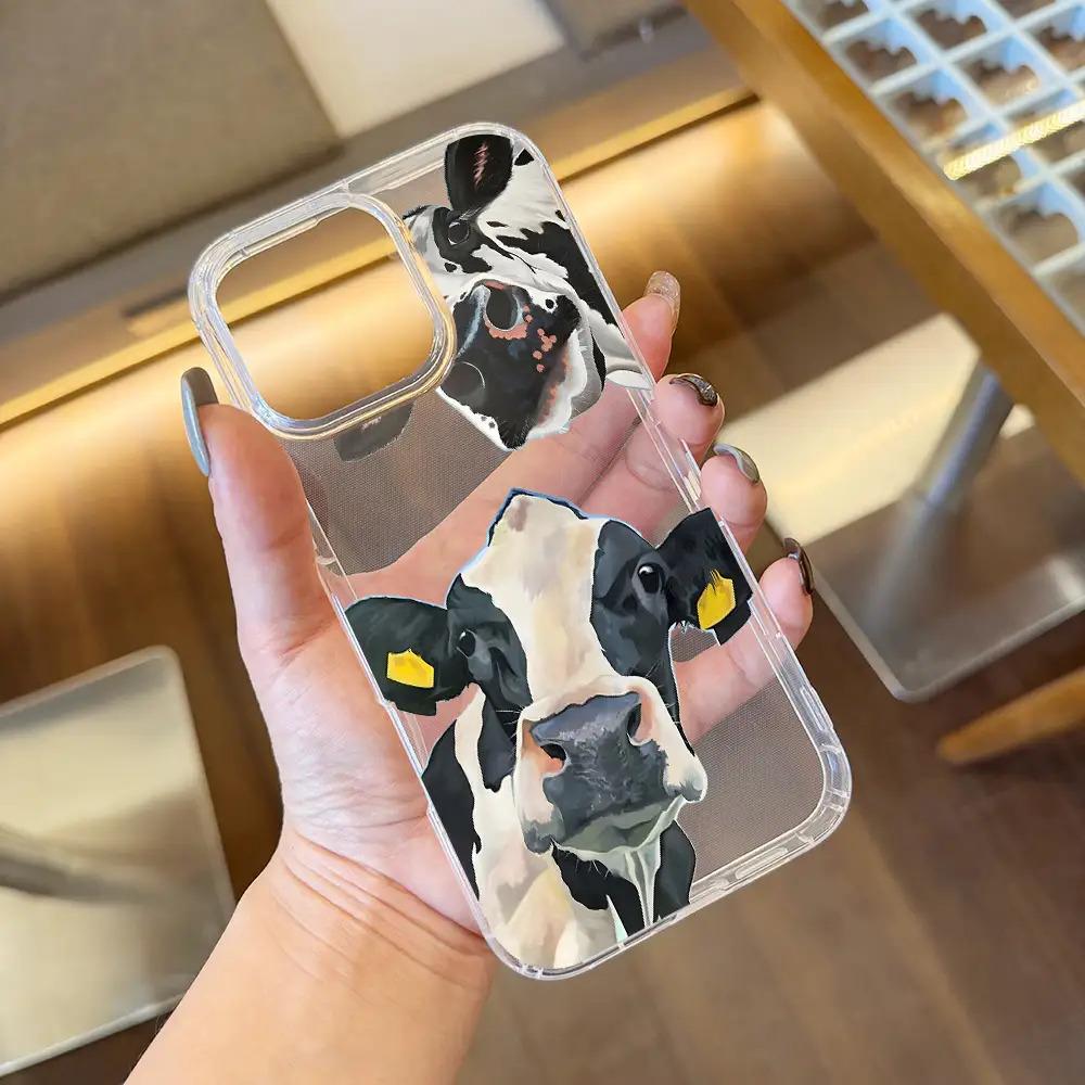 Cute cow transparent phone case suitable for iPhone 17 16 15 14 13 12 11 Pro/Max/Plus anti drop and shockproof back cover