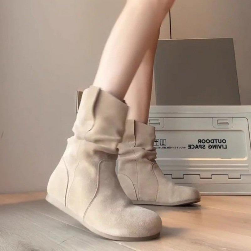 Fashion Women's Fashion Suede Ankle Boots Outdoor Casual Flat Boots Comfortable Soft Western Cowboy Boots Retro Slip On Lady Shoes