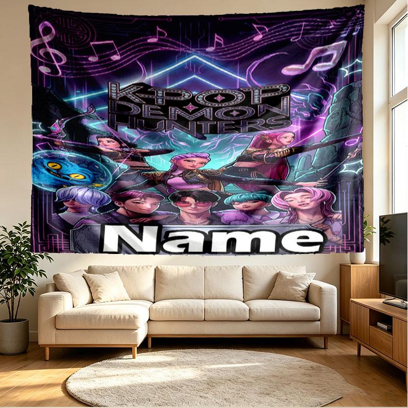 Custom Name Personalized Demon Hunters Kpop Print Tapestry, Wall Art Decor, Bedroom, Dorm, Apartment, LivingRoom, Party Backdrop, Gift for Birthday