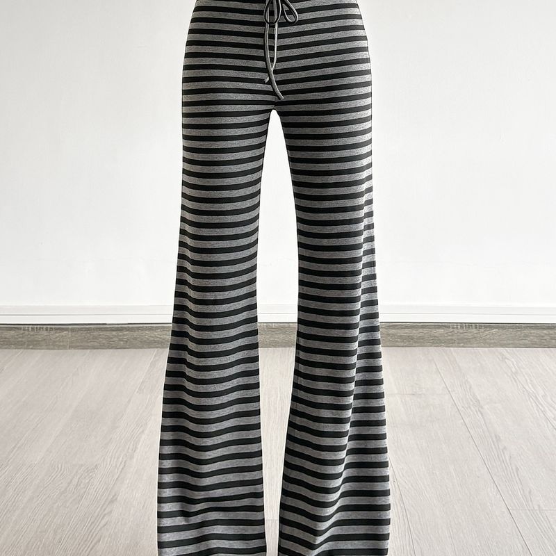 American Street Idle Style Stripe Design High Waist Lace-up Straight Bootcut Trousers Gyaru Slimming Knitted Casual Trousers