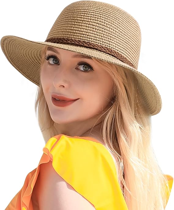 Beach Hats for Women - 33cm Sun Hat Womens, Wide Brim Straw Womens Sun Hat with Wind Lanyard Roll Up Foldable UV Protection