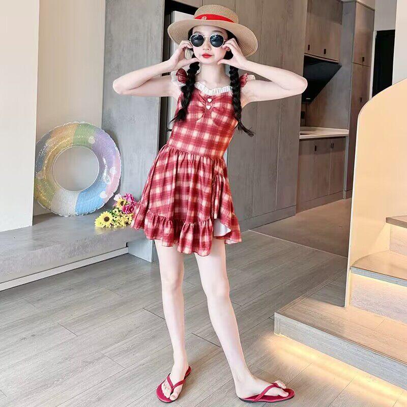 Girls Sleeveless Plaid Princess Dress Swimsuit Summer Beach One Piece Bathing Suit For Big Kids