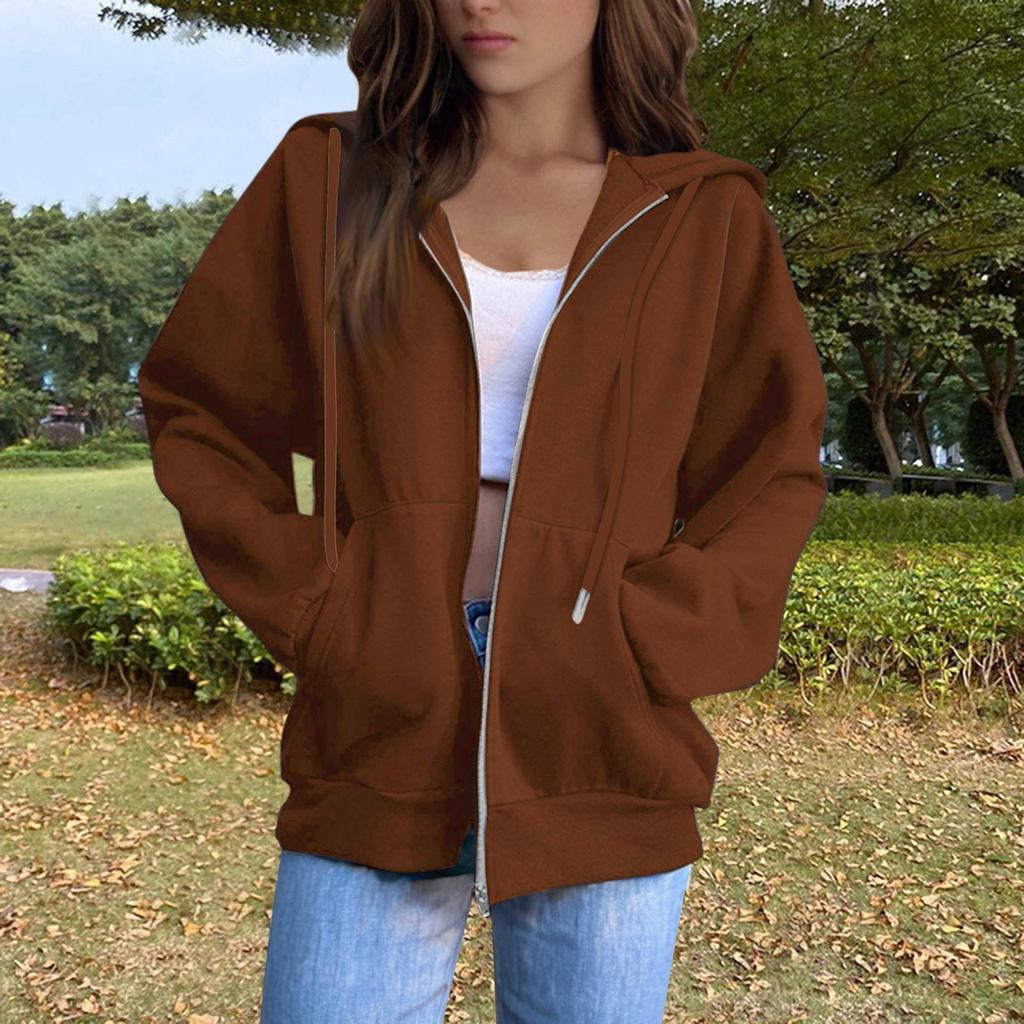 Women's Solid Color Long Sleeved Round Neck Plush Zipper Hooded Sweatshirt With Drawstring