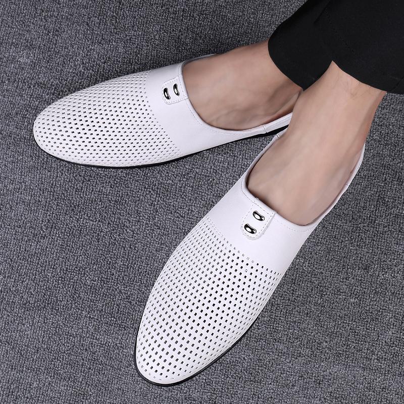 Fashion Luxury Brand Men Slippers Genuine Leather Half Drag Casual Shoes High Quality Slip on Loafers Breathable Summer Perforated Shoes