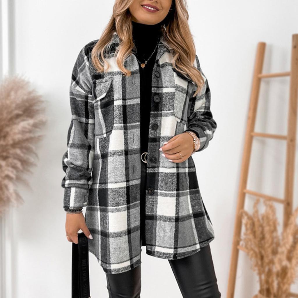 Women's Long Sleeve Single Breasted Plaid Print Shirt Collar Woolen Jacket Outwear