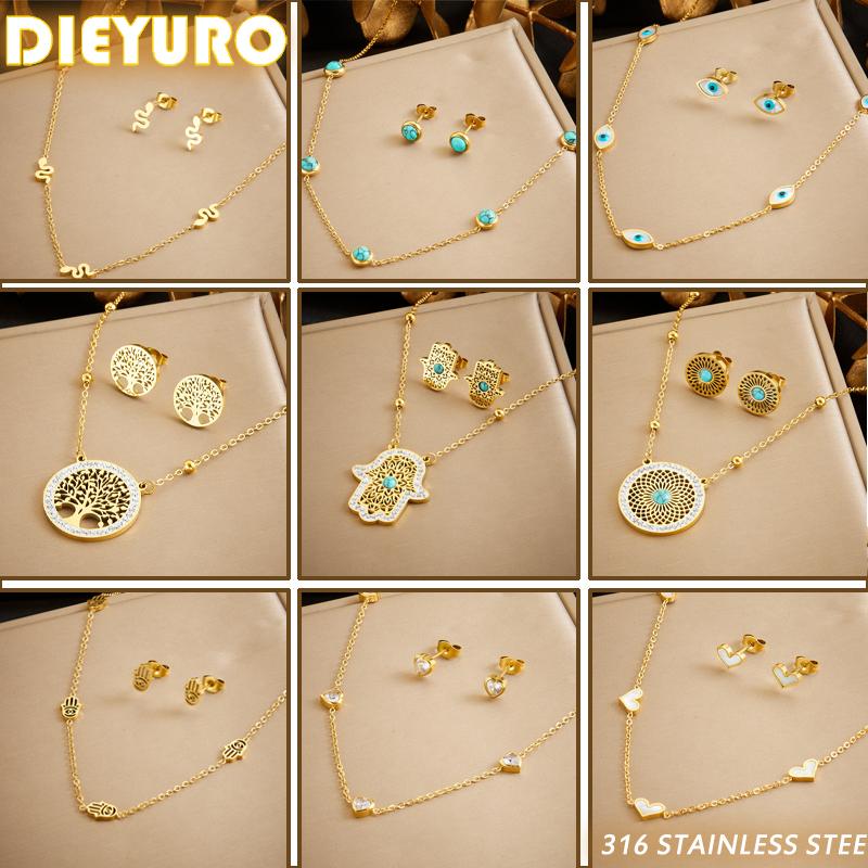 DIEYURO 316L Stainless Steel Tree of Life Turquoise Golden Necklace Earrings For Womens New Party Gift Fashion Jewelry Set