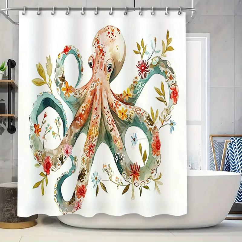 

Vibrant Floral Octopus Waterproof Shower Curtain For Bathroom Decor White With Multicolor Flowers Design Size 180X200Cm (6Ft X 7 W60H190(CM)-1 Pcs