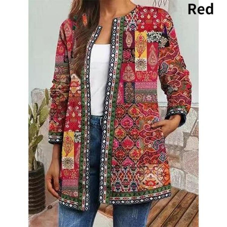 Vintage Floral Print Ethnic Style Jacket Plus Size Tribal Pattern Cardigan Ribbon Webbing Outwear Women Fashion