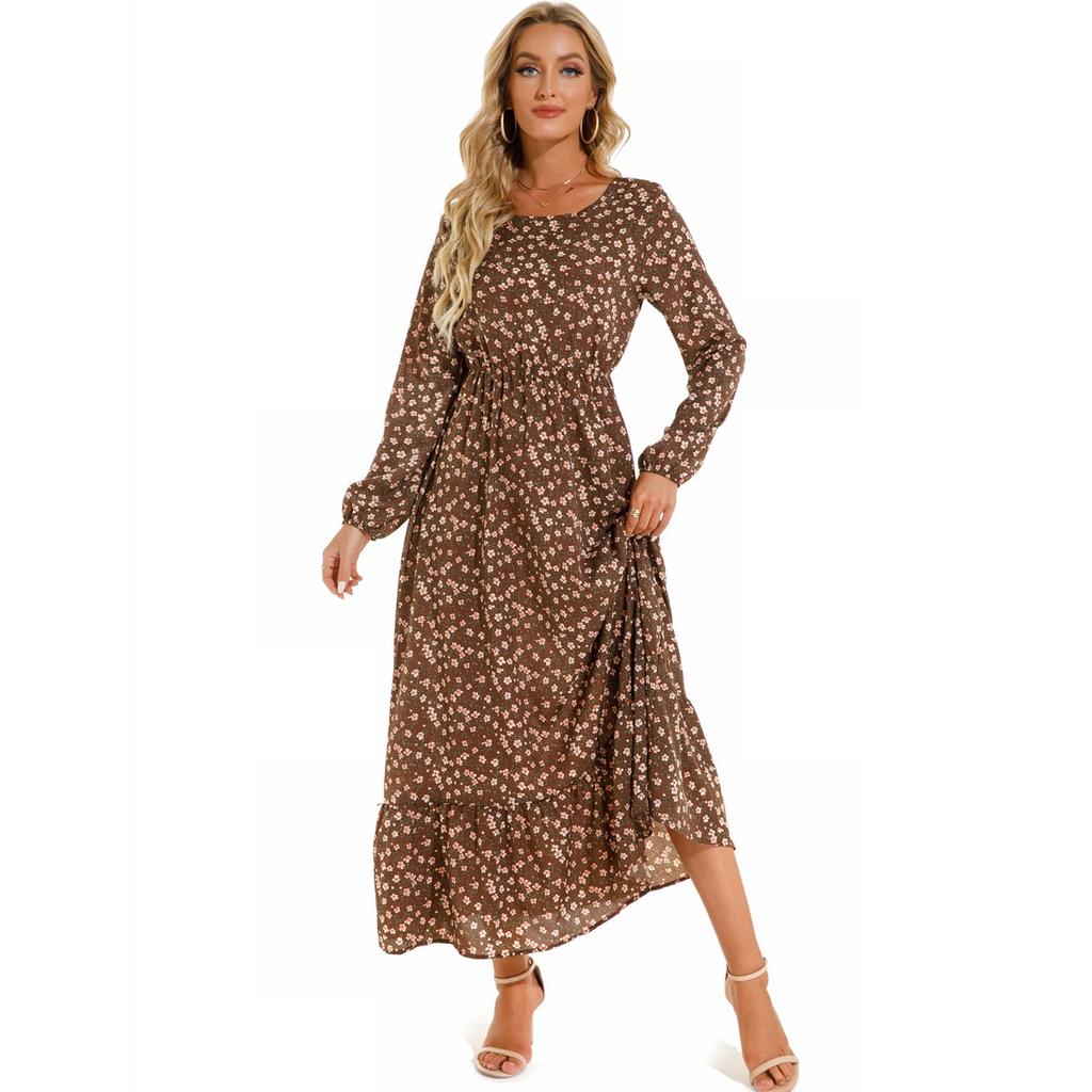 Women's Fashion Summer Spring Floral Print Long Sleeve O-Neck High Waist Casual Dresses
