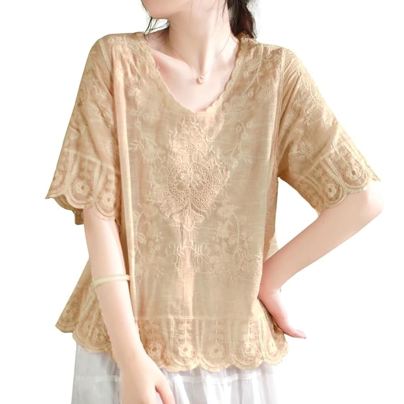 

[Bidason] blouse ladies shirt short sleeve embroidery cotton breathable Thin Cooling measures UV cut Relaxing body shape cover adult Feeling of