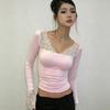 2026 Womens Sexy Lace Patchwork Slim Fit Long Sleeve T-Shirt Street Style Crop Top Daily Wear