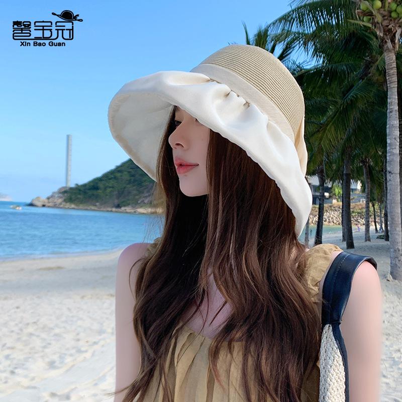 8457 summer outdoor sunscreen sunshade straw hat big brim bow sun hat children versatile fashion bucket hat tide