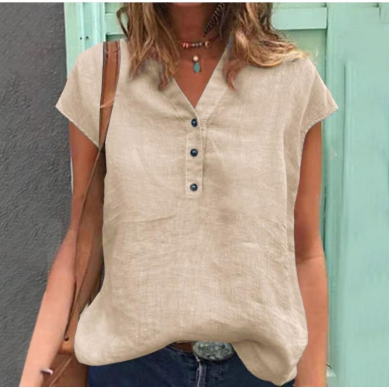 BITCED Women's Fashion Casual Solid Color Print Short Sleeve V-Neck   Blouses & Shirts