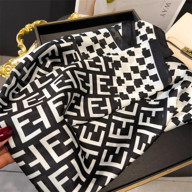 68Cm Checked Letter Printed Scarf Women'S New Spring And Summer Imitation Silk Square Scarf High-End Versatile Shawl Headscarf